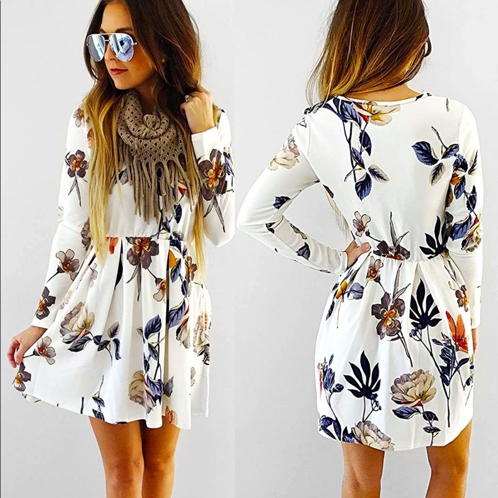Floral Print Long Sleeve Swing Pleated Skater A Line Mini Dress